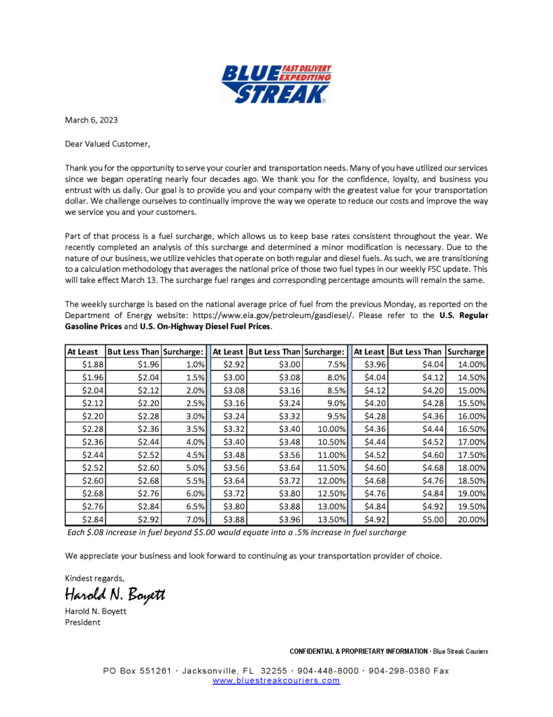 Fuel Surcharge Information Blue Streak Couriers